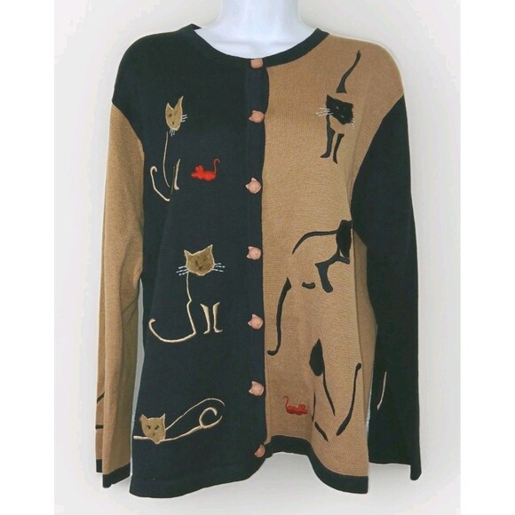 Cat Lover Knit Cardigan & Scarf Set Applique Embroidery | Black Tan | Size M... - Picture 5 of 16